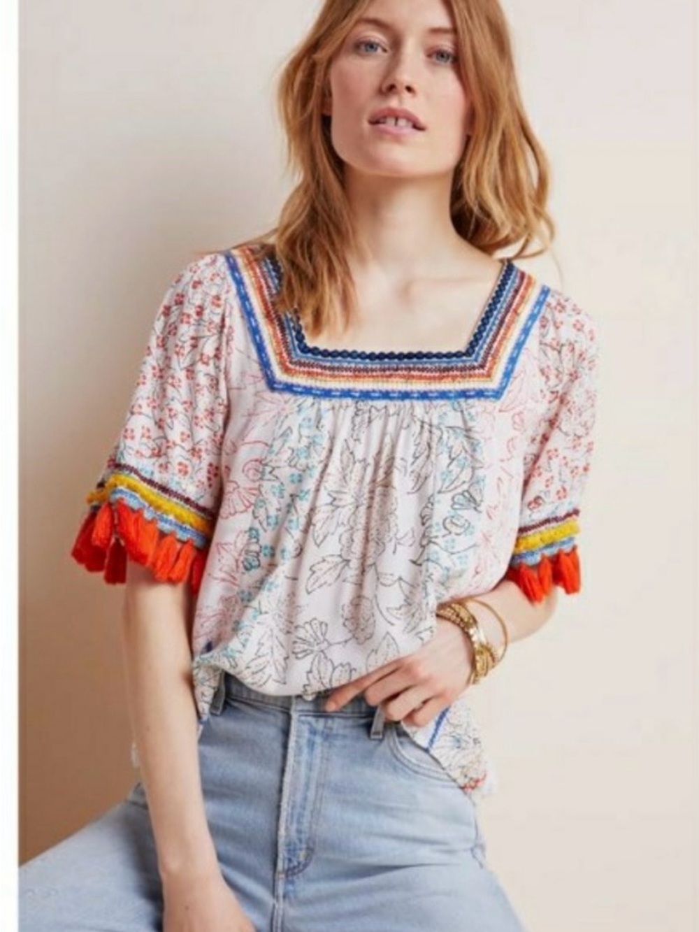 Maeve  by anthropologie embroidered multicolored flutter tassel sleeved blous